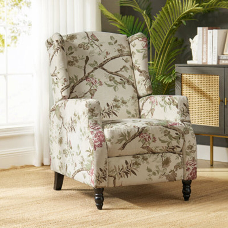 Celia Upholstered Manual Recliner with Classic Wing Back and Solid Vase-Shape Wooden Legs