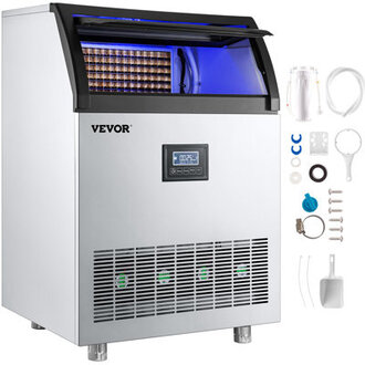 VEVOR Commercial Ice Maker 265LBS/24H, 750W Ice Machine With 55LBS Storage Capacity, 126 Ice Cubes Ready In 11-15Mins, Stainless Steel Construction, Includes Water Filter And Connection Hose
