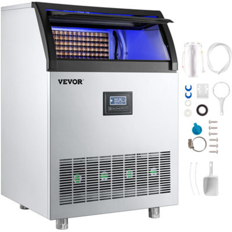VEVOR Commercial Ice Maker 265LBS/24H, 750W Ice Machine With 55LBS Storage Capacity, 126 Ice Cubes Ready In 11-15Mins, Stainless Steel Construction, Includes Water Filter And Connection Hose