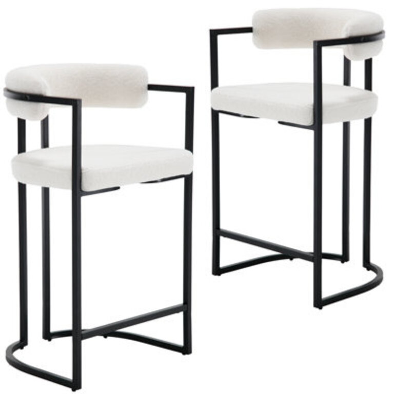 Modern Upholstered Hollow Bar Stool With Armrests And Footrests, Barrel High Stools Seat Height: Counter Stool (26" Seat Height), Seat Color/Frame Color: White Seat/Black Frame