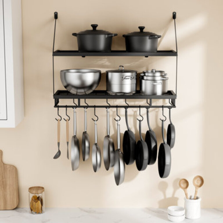 Wall Mounted Pot Rack Kitchen 30 Inch 2-Tier Wall Shelf with 12 Hooks Matte Black Finish: Black