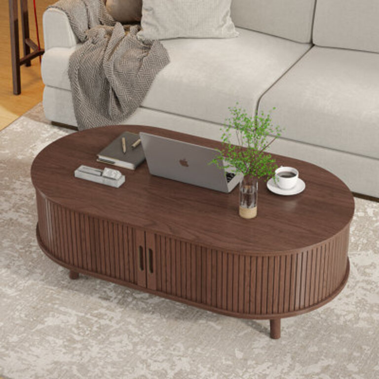 Coffee Table 425W Mid Century Modern Coffee Table With 360 Sliding Tambour Doors Fluted Accent Center Table With Storage Oval Small Coffee Table For Living Room