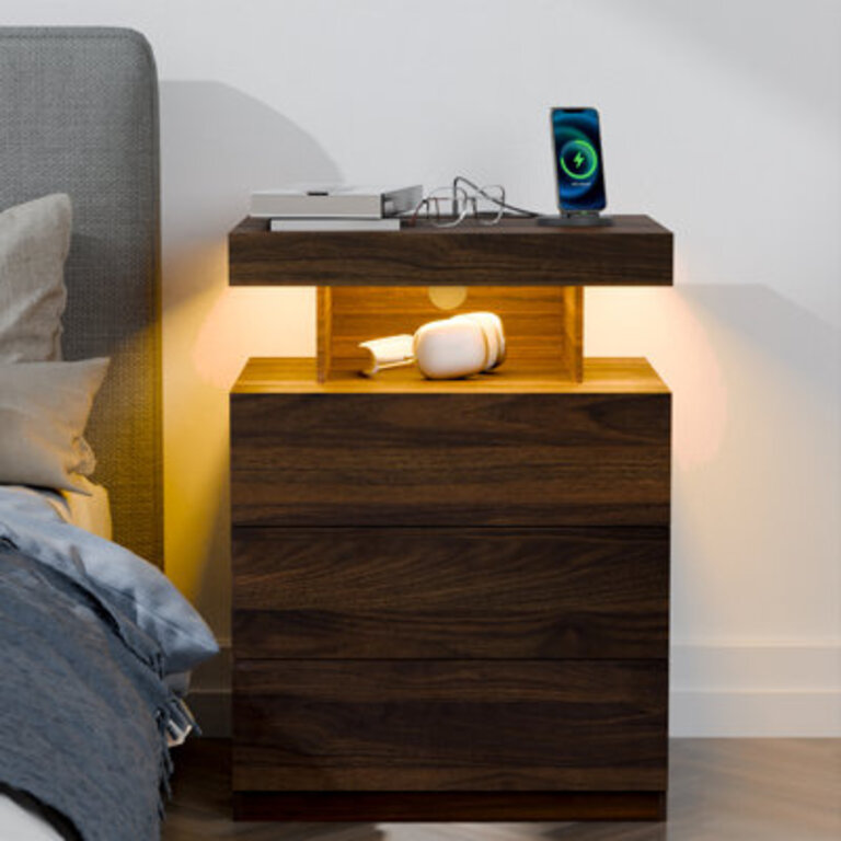 Chappa Manufactured Wood Nightstand with Wireless Charging Station LED Lights and 3 Drawers