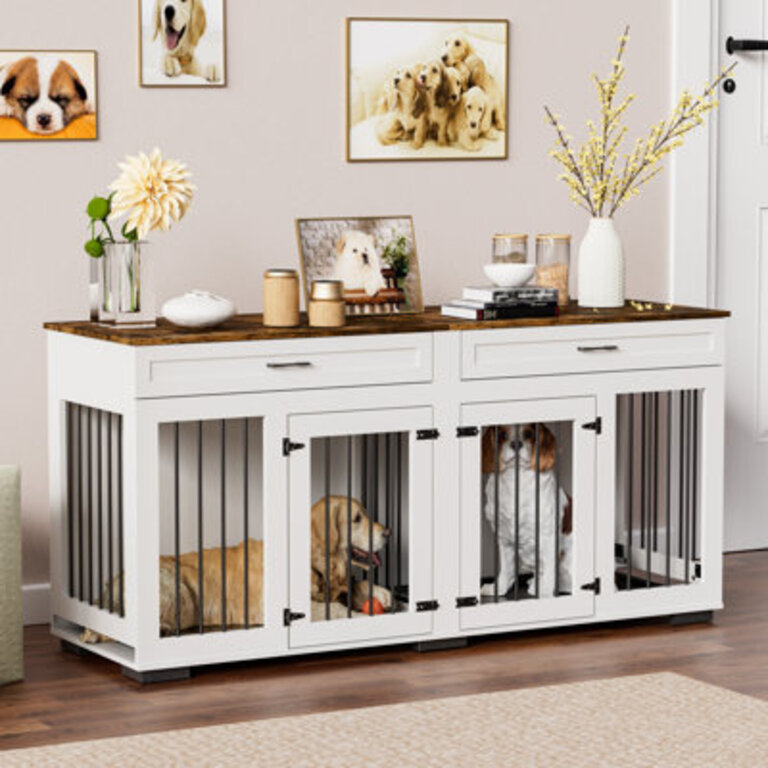 Large Dog Crate Furniture Heavy Duty Wooden Dog Kennel With Room Divider And 2 Trays Double Doors With Locks For 2 Large Dogs