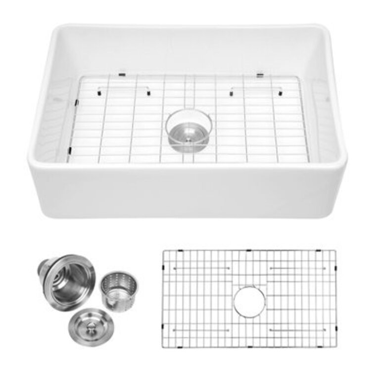 30 L x 20 W Farmhouse  Apron Single Bowl Ceramic Kitchen Sink with Sink Grid and Basket Strainer