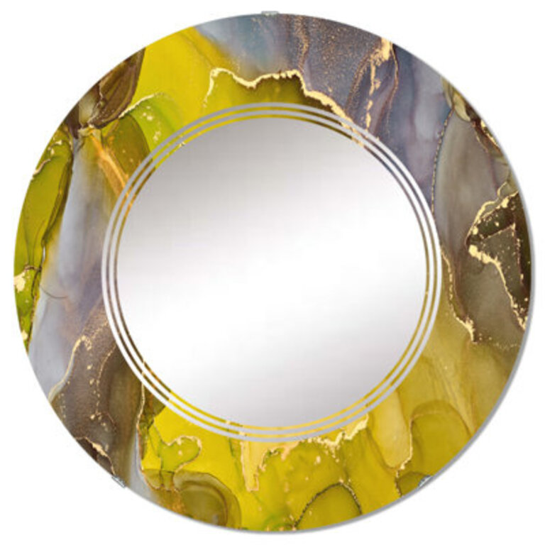 Yellow Luxury Abstract Fluid Art - Modern Wall Mirror Round Size: 32" x 32"