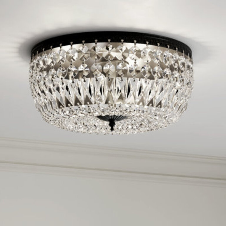 Ettinger 118 3- Lights Matte Black Drum Bowl Crystal Modern Flush Mount Lighting Fixture For Living RoomBedroomCorridors