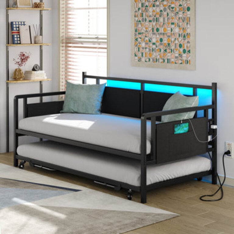 Merrylee Daybed with Pop Up TrundleMetal Twin Daybed with Charging Station and LED LightsGuest Bed with Storage for Adults