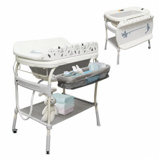 2 In 1 Baby Bathtub With Changing Table Waterproof  Adjustable Height Nursery Organizer With Storage Racks For Newborn Infant Toddler