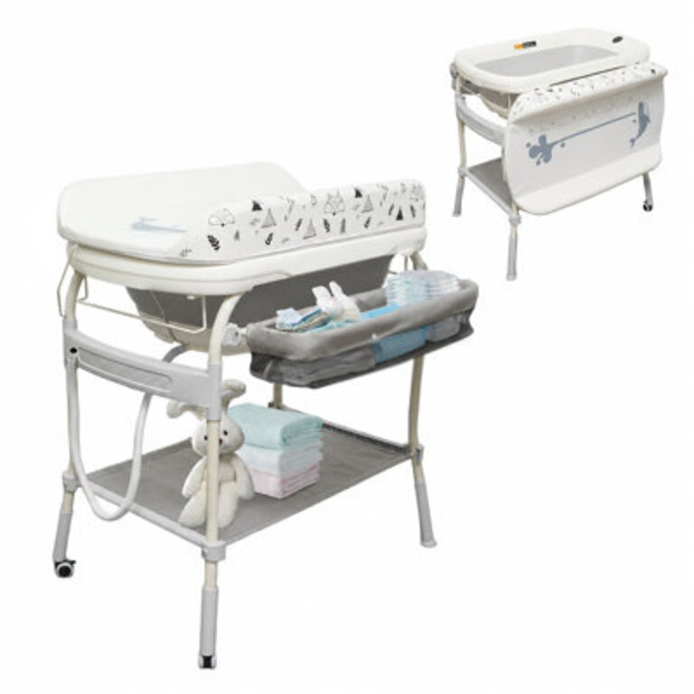 2 In 1 Baby Bathtub With Changing Table Waterproof  Adjustable Height Nursery Organizer With Storage Racks For Newborn Infant Toddler