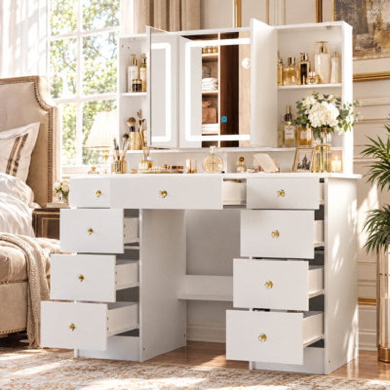 433 W 9-Drawer Makeup Vanity with Tri-Fold Lighted Mirror