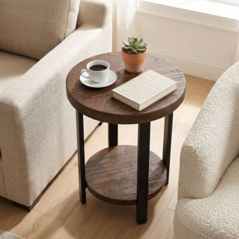 Rundell Rustic Industrial Solid Wood And Metal Frame Round End Table With 1 Shelf