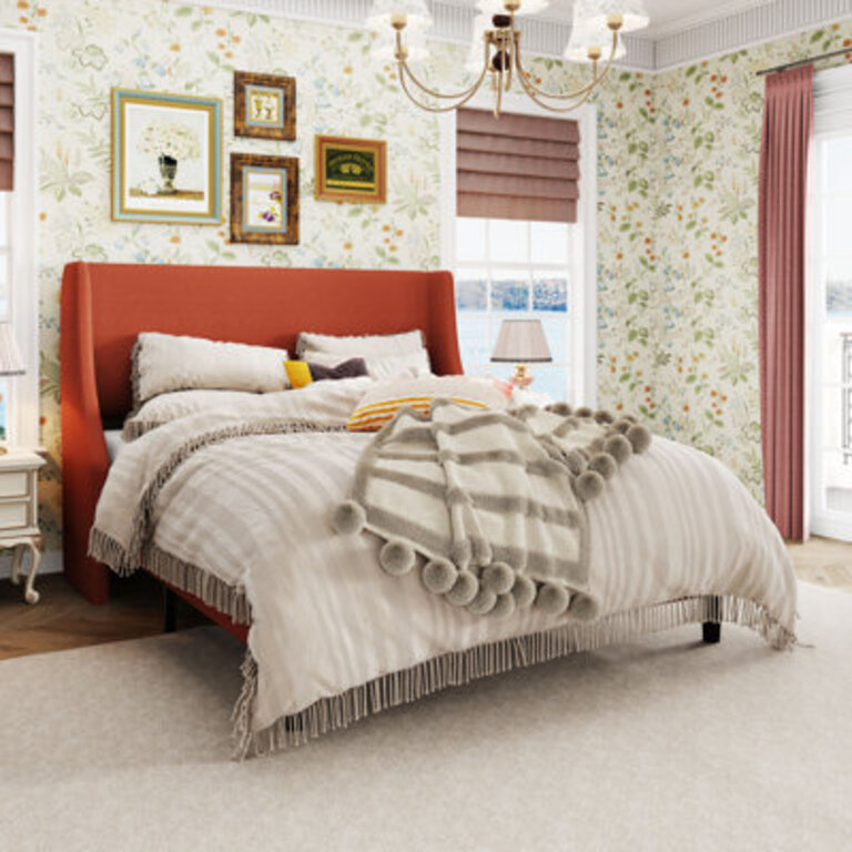 Bowdoin Modern Linen Upholstered Wingback Platform Bed with Wooden Slats