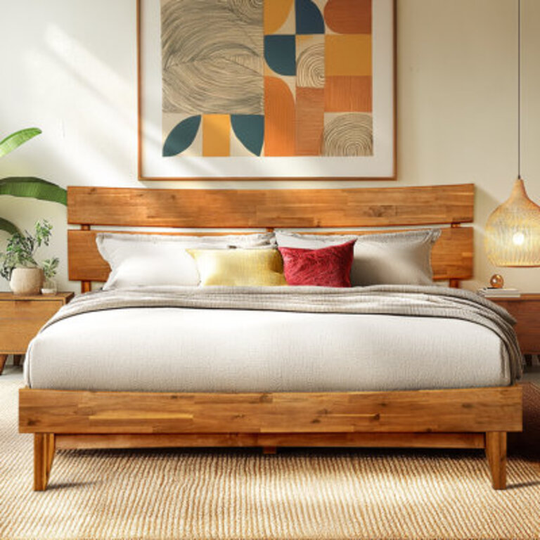 Antione Acacia Solid Wood Platform Bed Bed Frame with Headboard Farmhouse Bed Frame Style