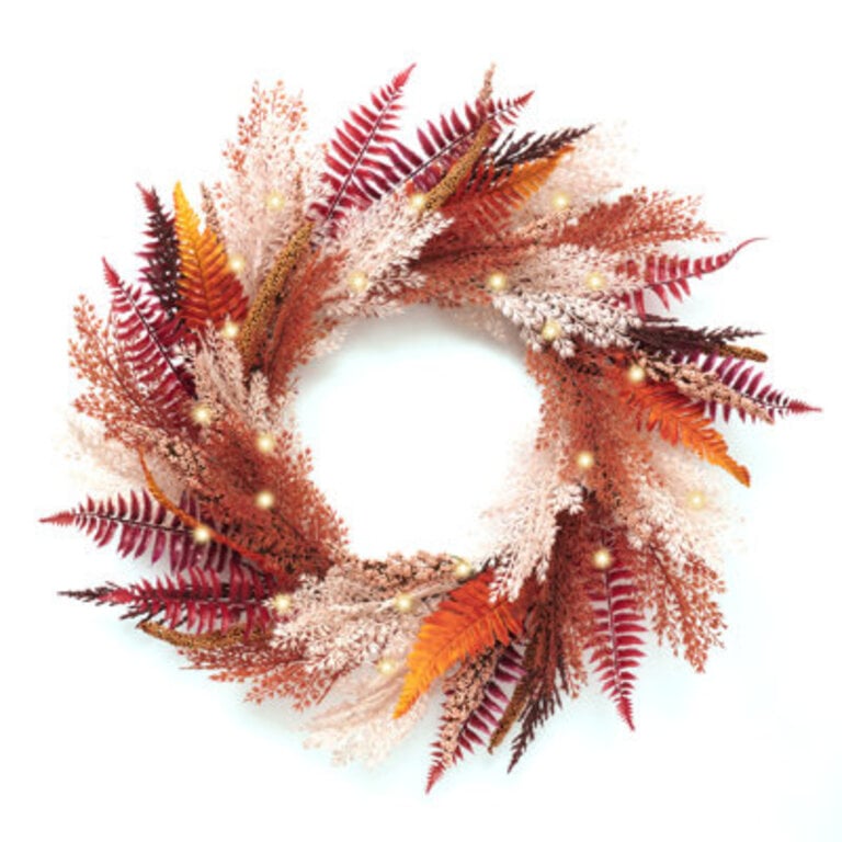Harvest Day 24 Inch Autumn Pampas Grass and Fern Leaf Artificial Wreath with Warm White LED Lights
