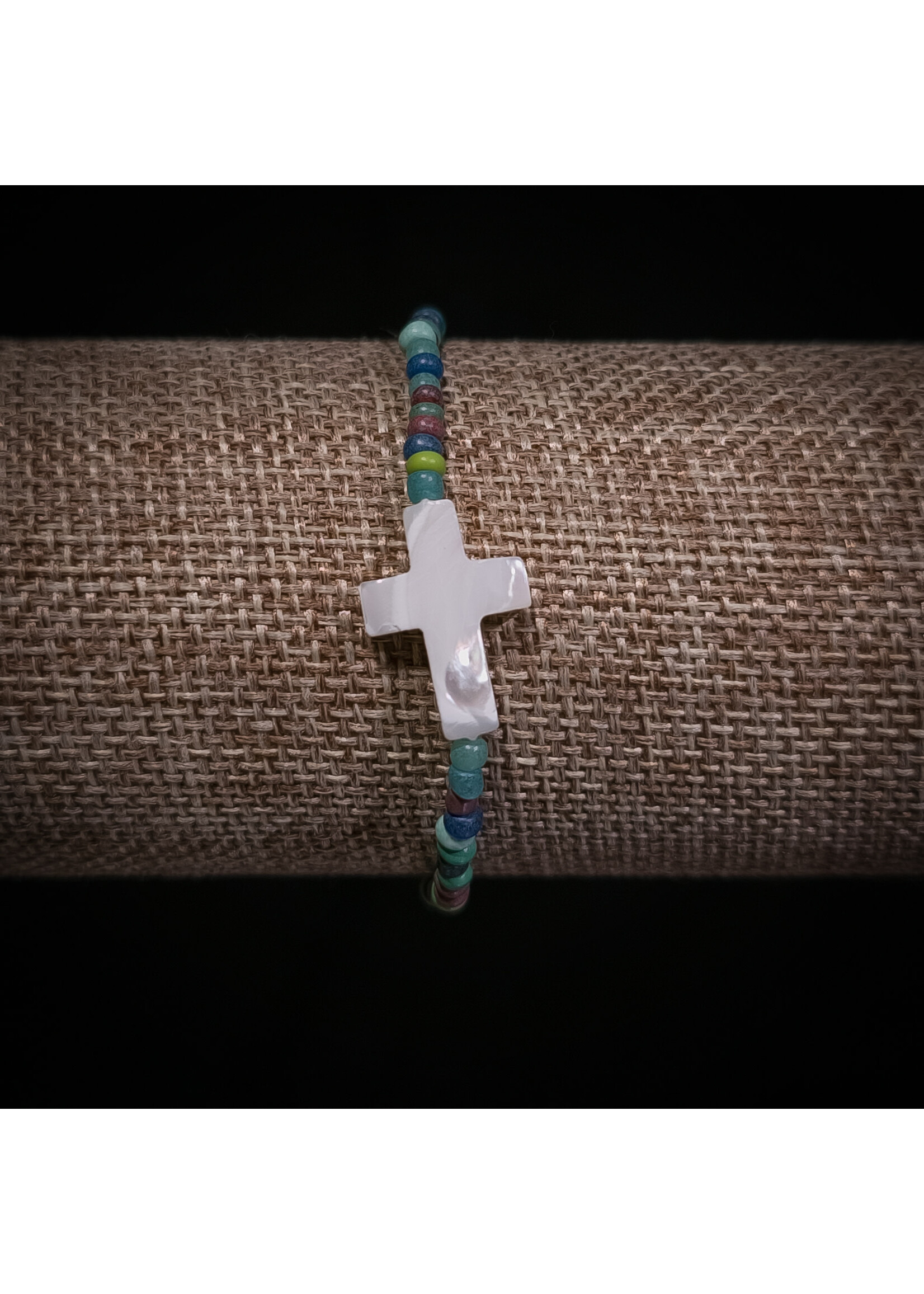Salty Girl Living MOTHER OF PEARL CROSS TURQUOISE MIX SEED BEAD BRACELET
