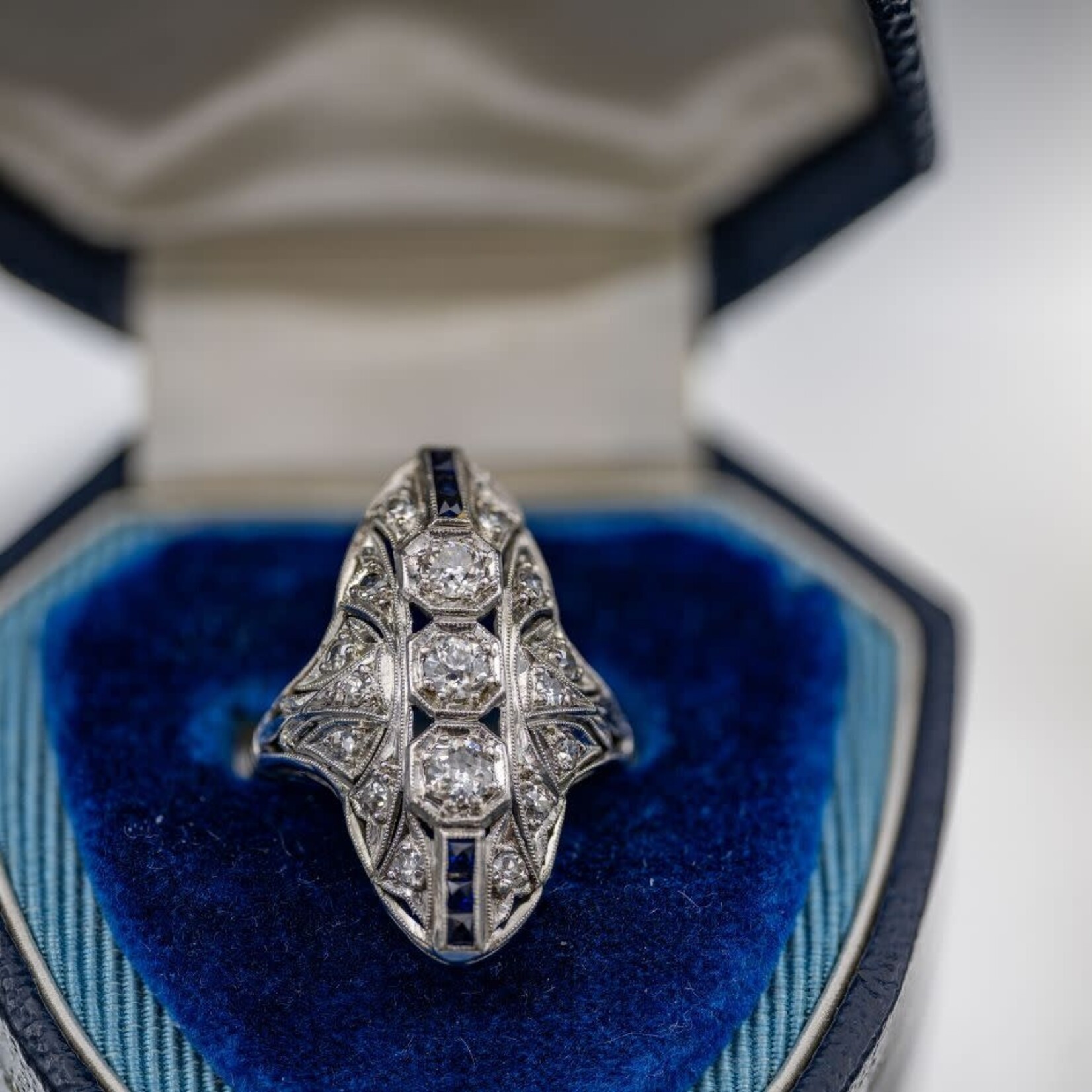 SJ Custom Jewelers Platinum "Art Deco" Ring with   .75cttw Diamond  & .10cttw Blue Sapphires