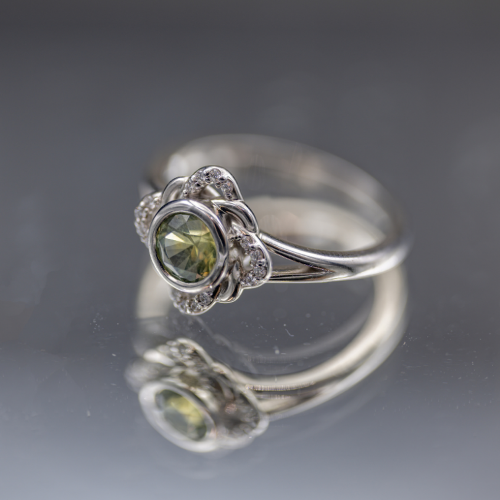 SJ Custom Jewelers 10k White Gold Ring  .70ct Montana Sapphire  .08Ctw Pave Diamonds