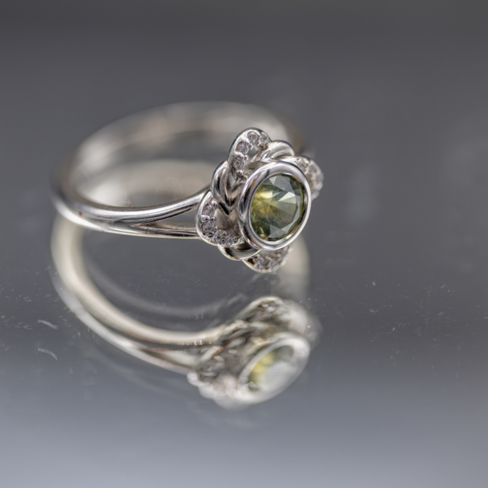 SJ Custom Jewelers 10k White Gold Ring  .70ct Montana Sapphire  .08Ctw Pave Diamonds