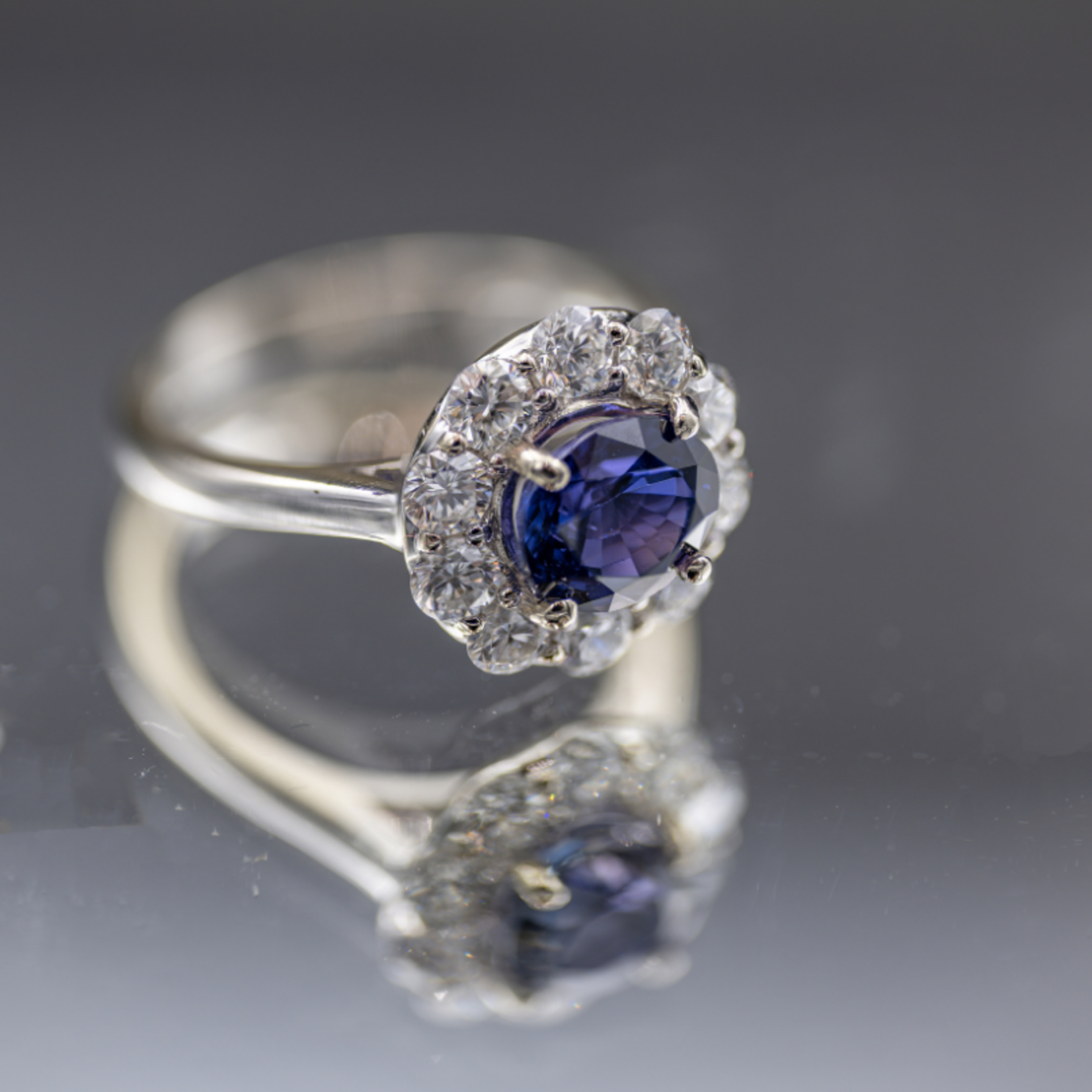 SJ Custom Jewelers 14k White Gold  2.08mm Natural Violet  Sapphire  1.21ctw Diamond Halo Ring