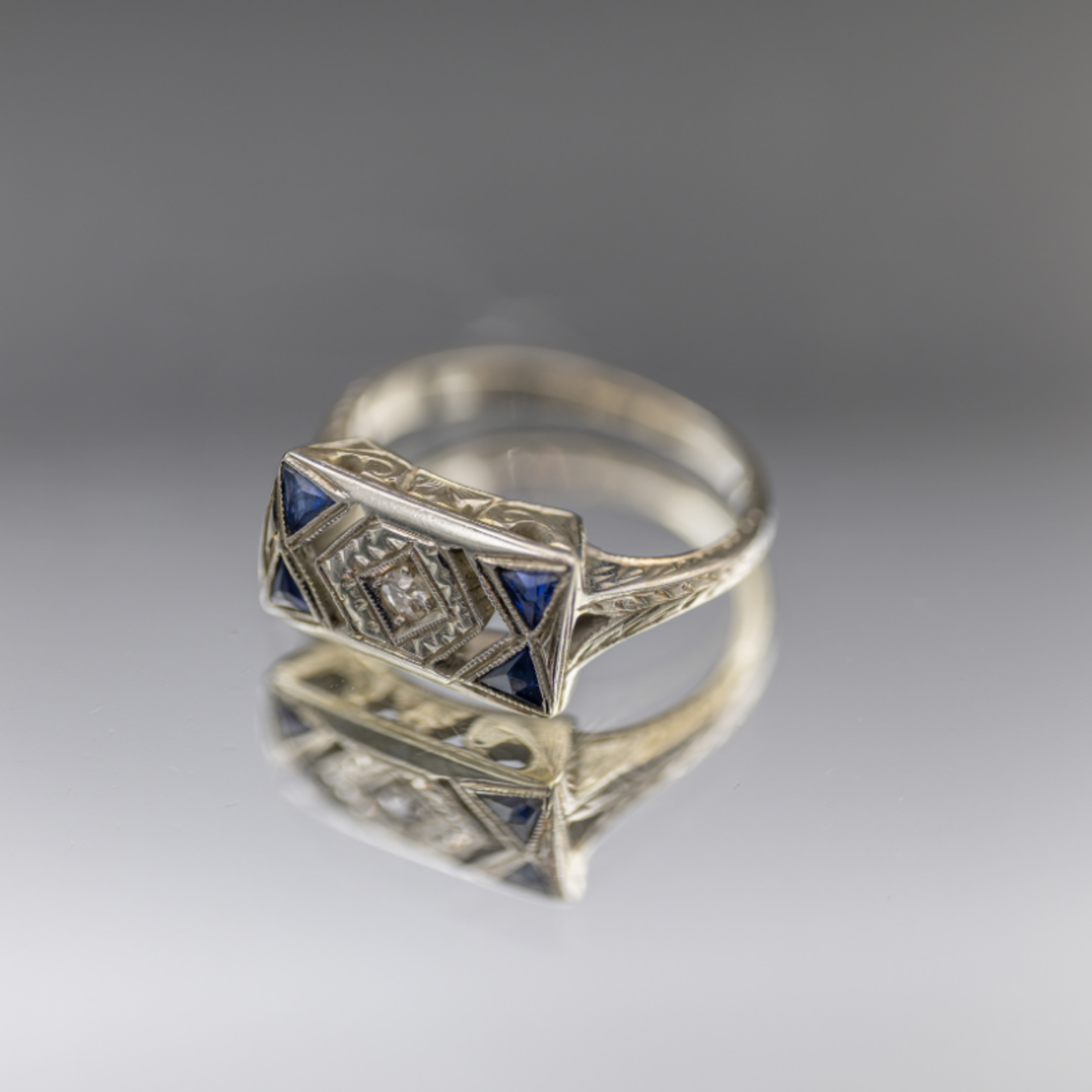 SJ Custom Jewelers Art Deco 14k White Gold Diamond & Sapphire Engagement Ring