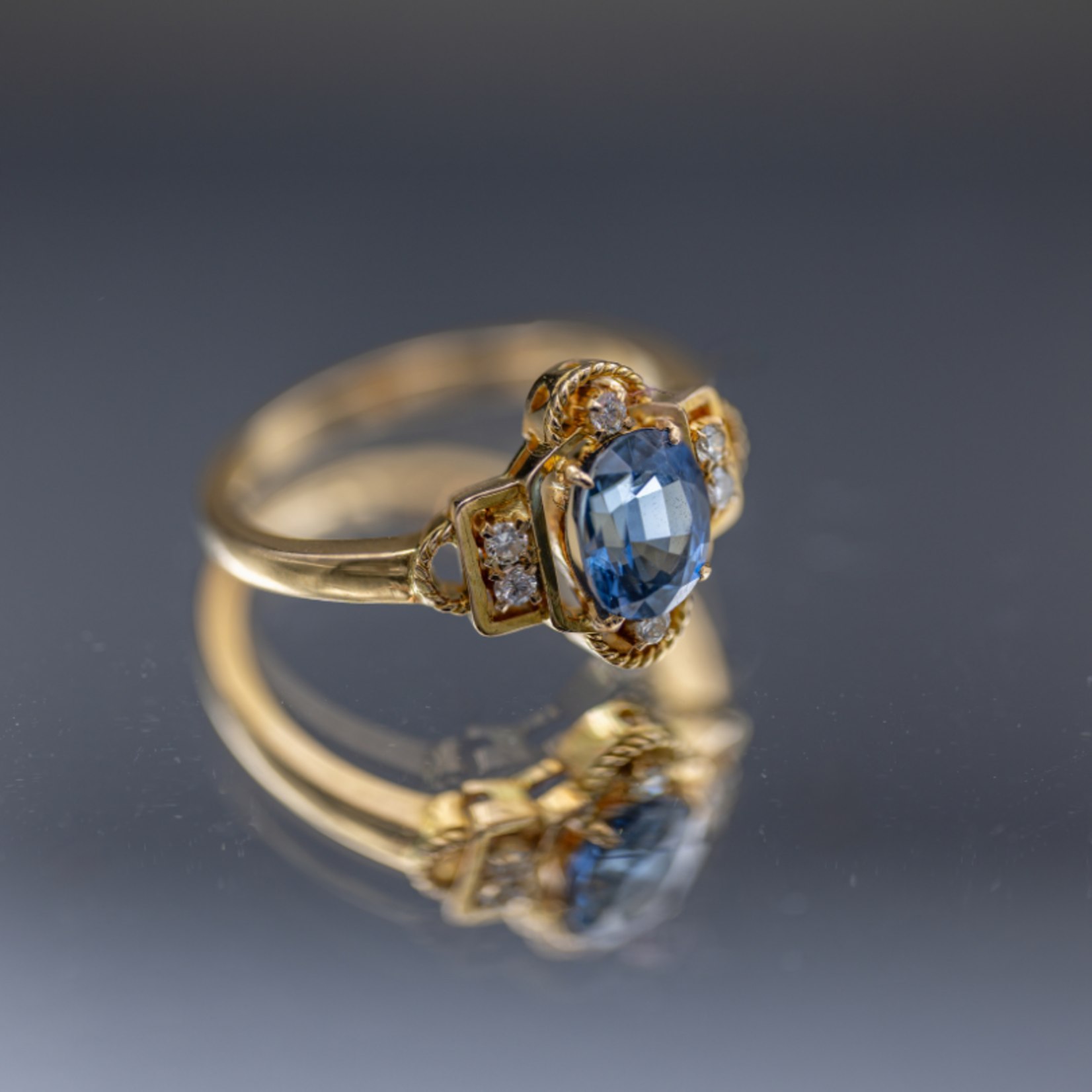 SJ Custom Jewelers 1950's  Oval Cut Genuine Blue Spinel & Diamond Fashion Ring