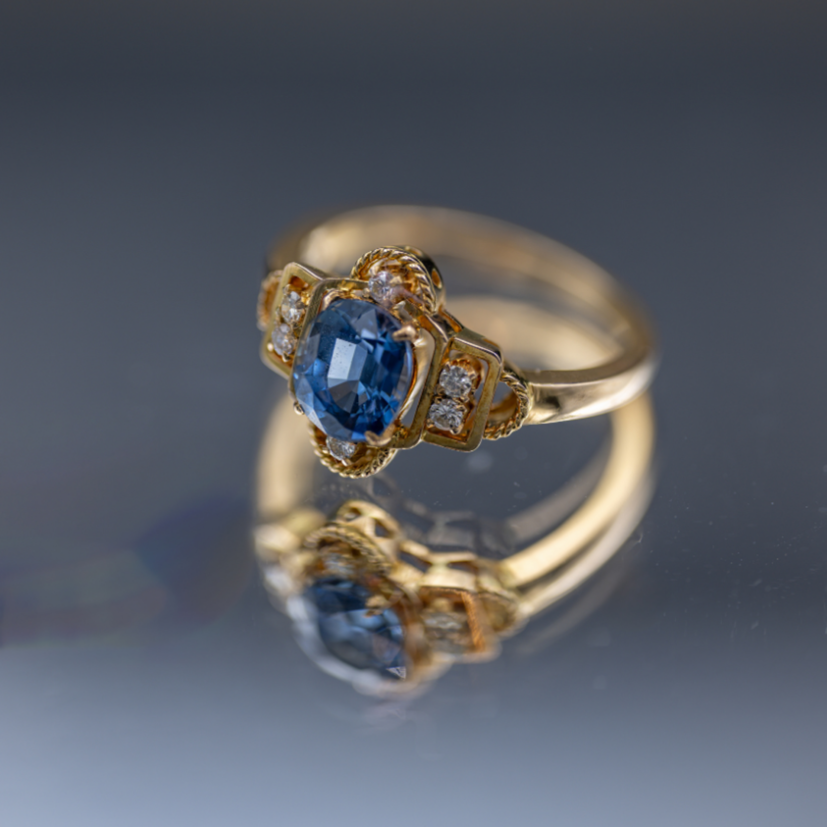 SJ Custom Jewelers 1950's  Oval Cut Genuine Blue Spinel & Diamond Fashion Ring