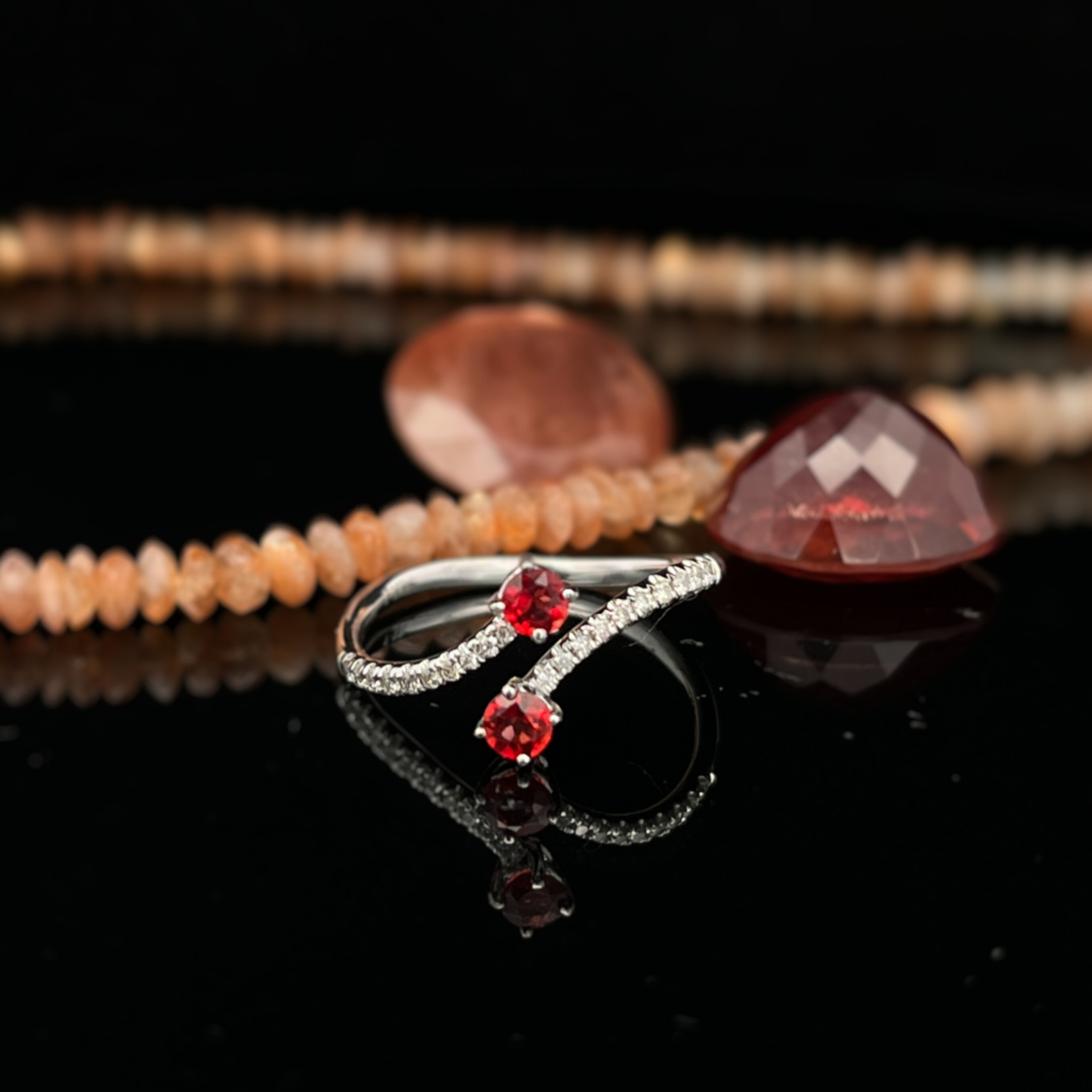SJ Custom Jewelers 14k WG Double Red Sunstone w/ Accent Diamond Ring