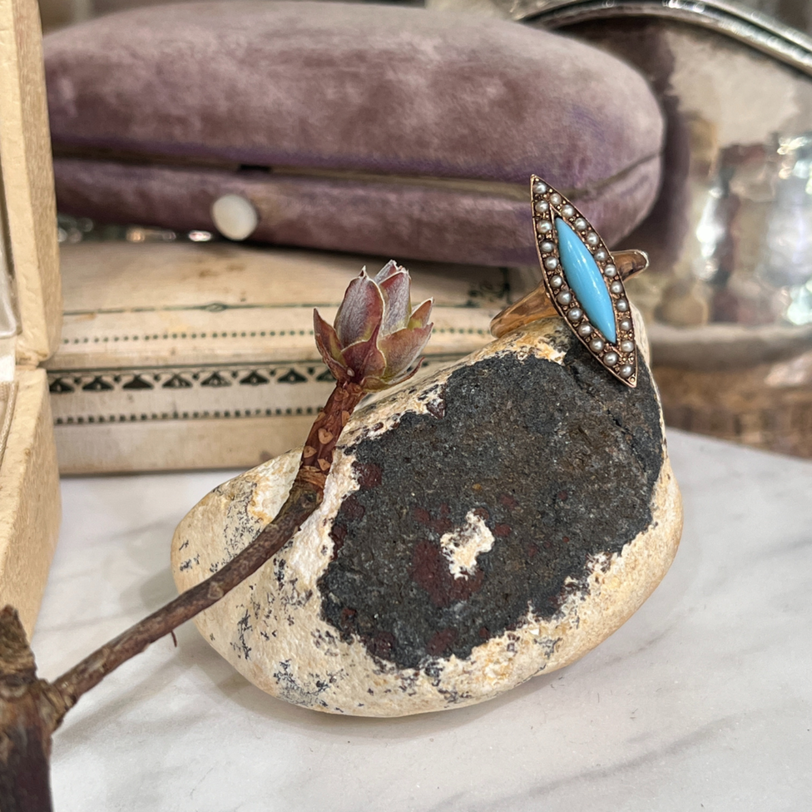 SJ Custom Jewelers 10k Rose Gold Marquis Turquoise & Seed Pearl Ring