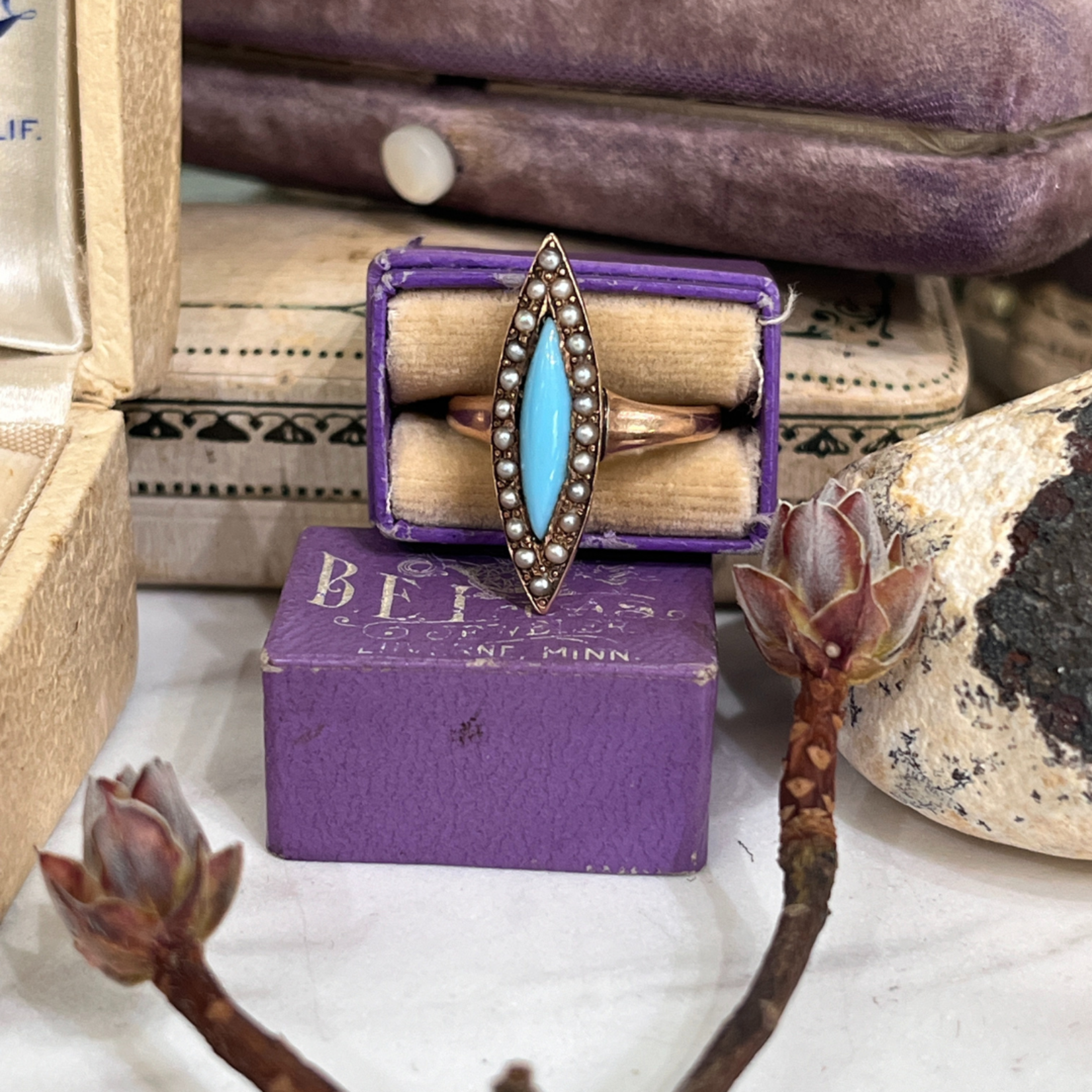 SJ Custom Jewelers 10k Rose Gold Marquis Turquoise & Seed Pearl Ring