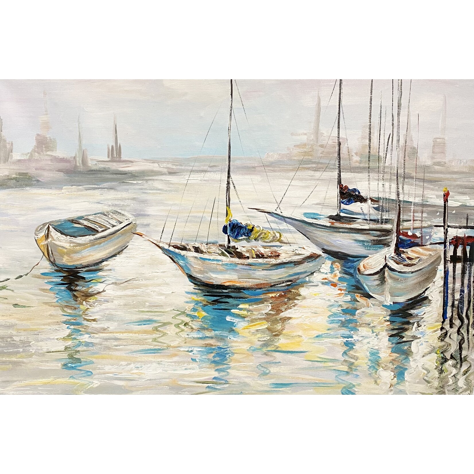 Oil Painting Boats On Wharf