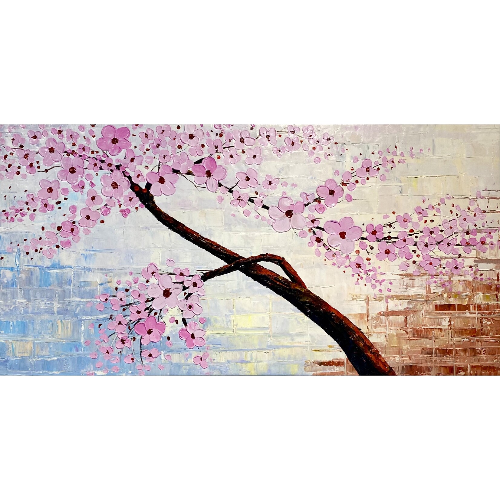 Oil Painting Pink Blossom Tree By Palette Knife