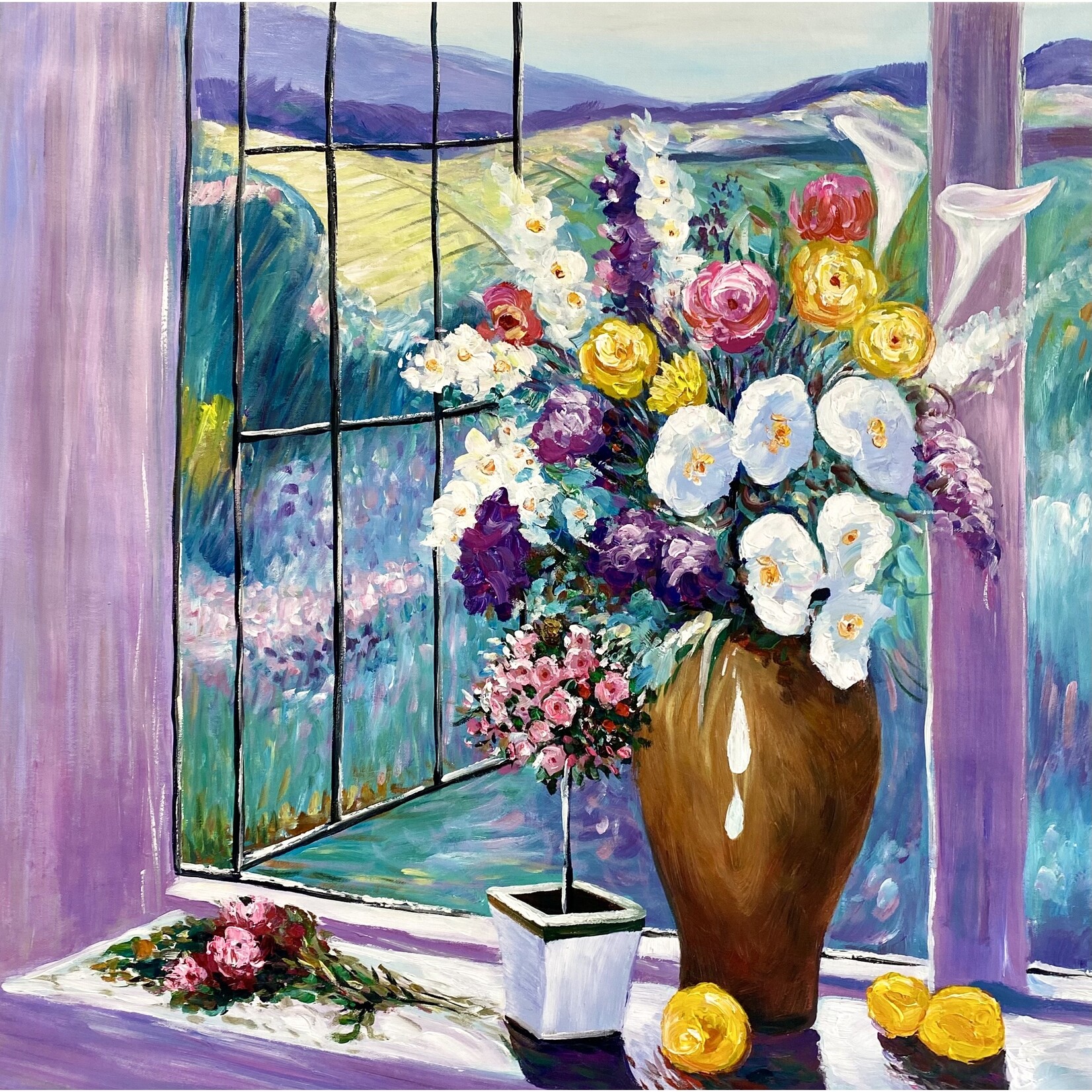 Oil Painting Flowers In Vase By Window