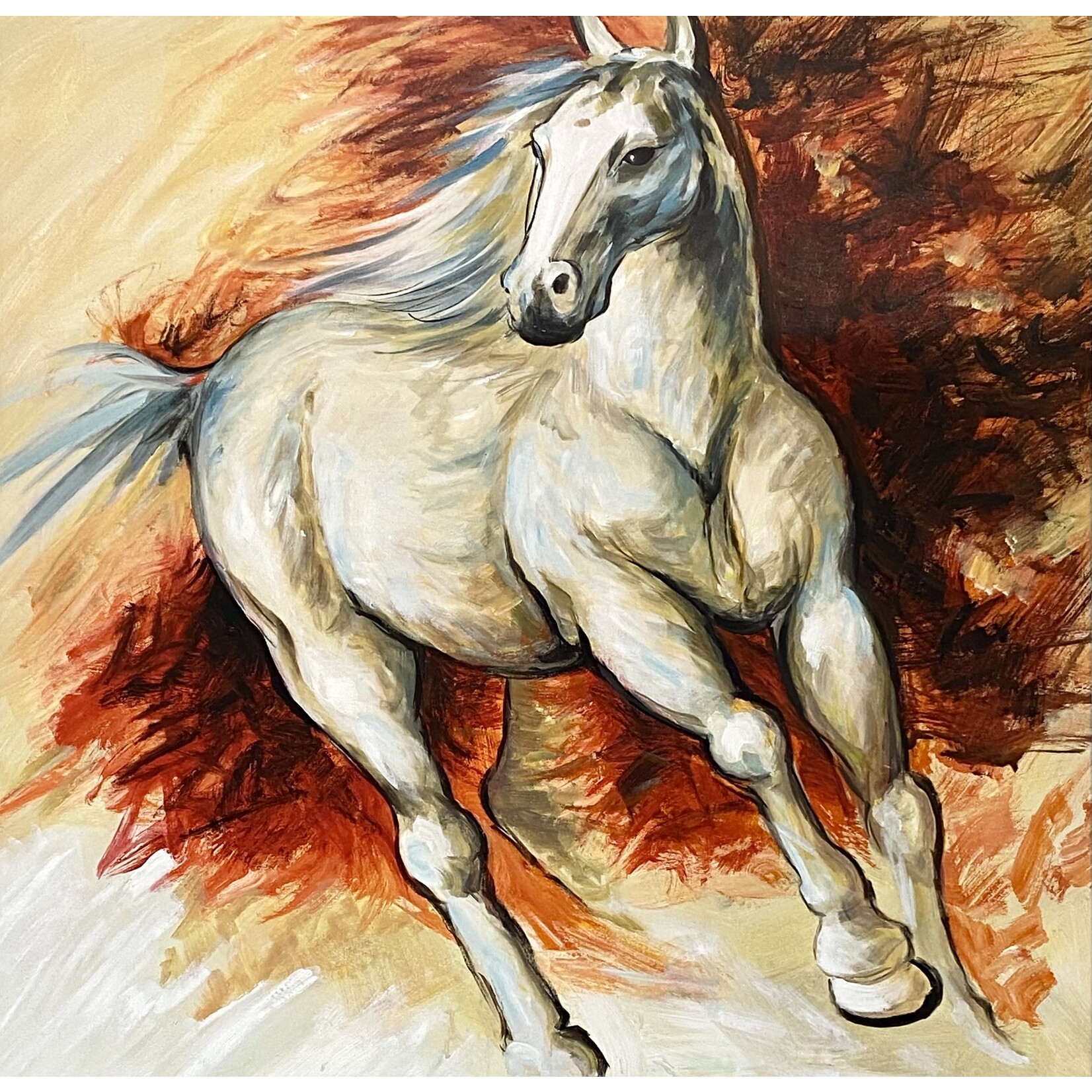 Oil Painting Running White Horse