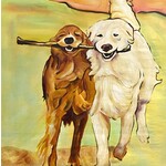 Oil Painting Running Dogs With Stick