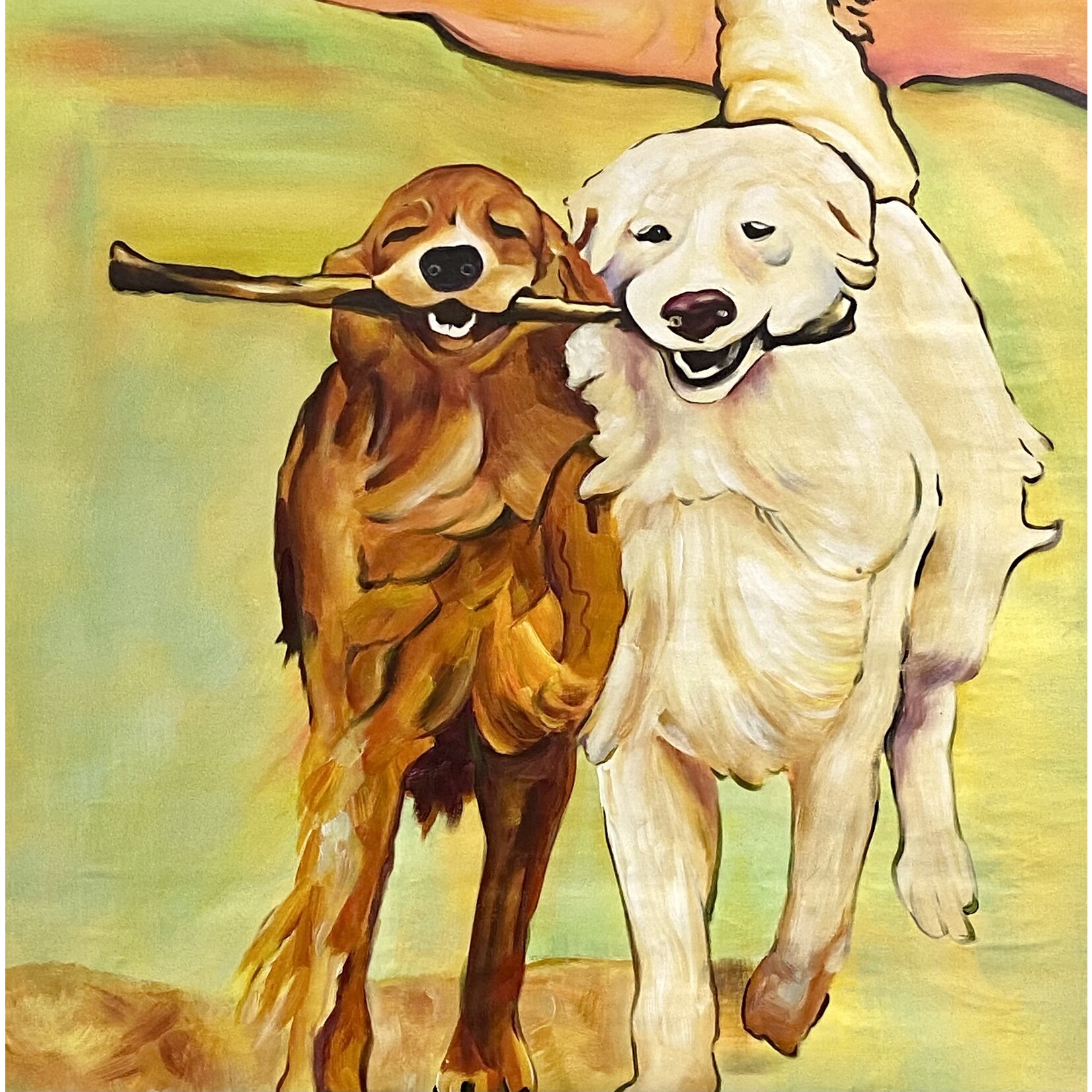 Oil Painting Running Dogs With Stick