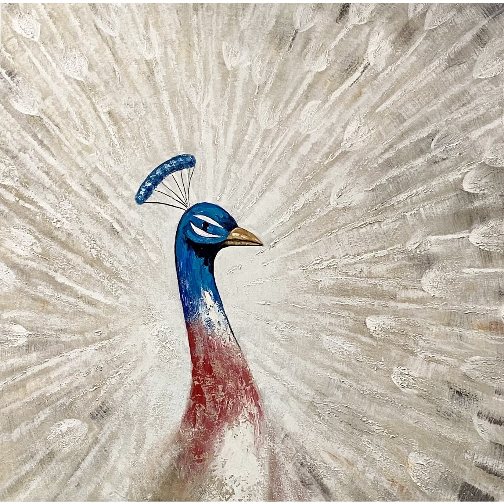 Oil Painting Peacock Spreading White Tails
