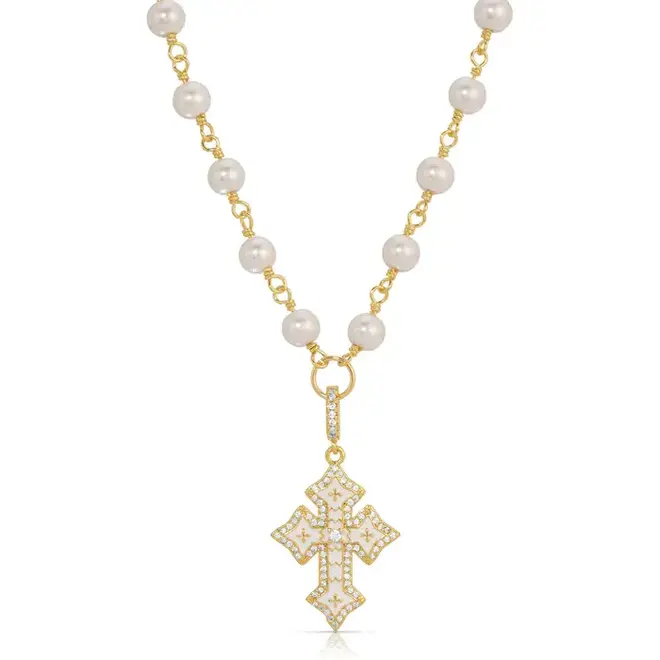 Joy Dravecky: Enamel & Pearl Cross Necklace