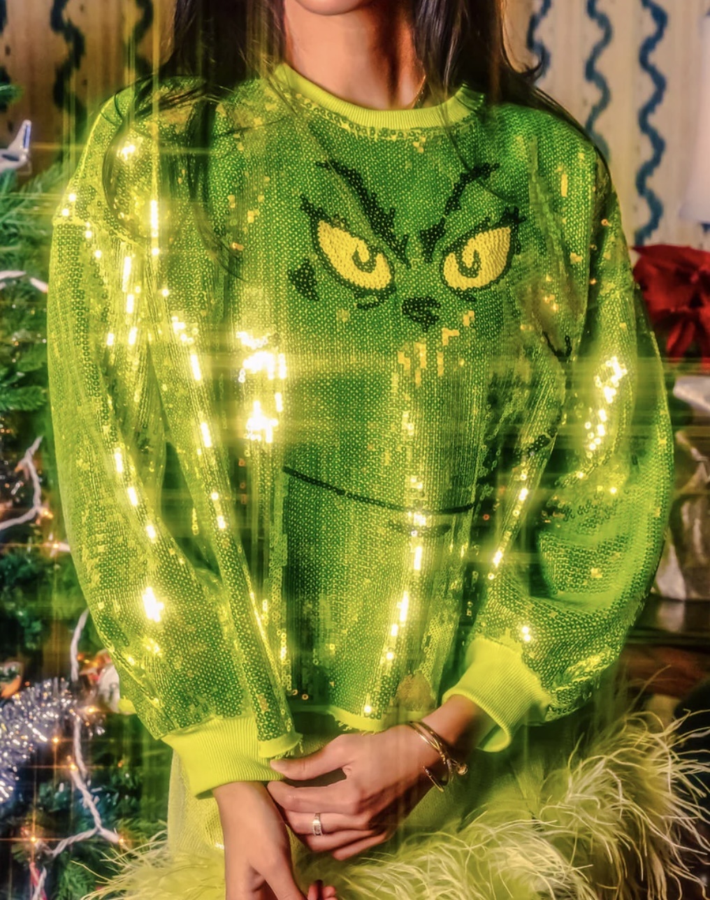 Queen of Sparkles Green Full Sequin Grinch Sweater Indigo
