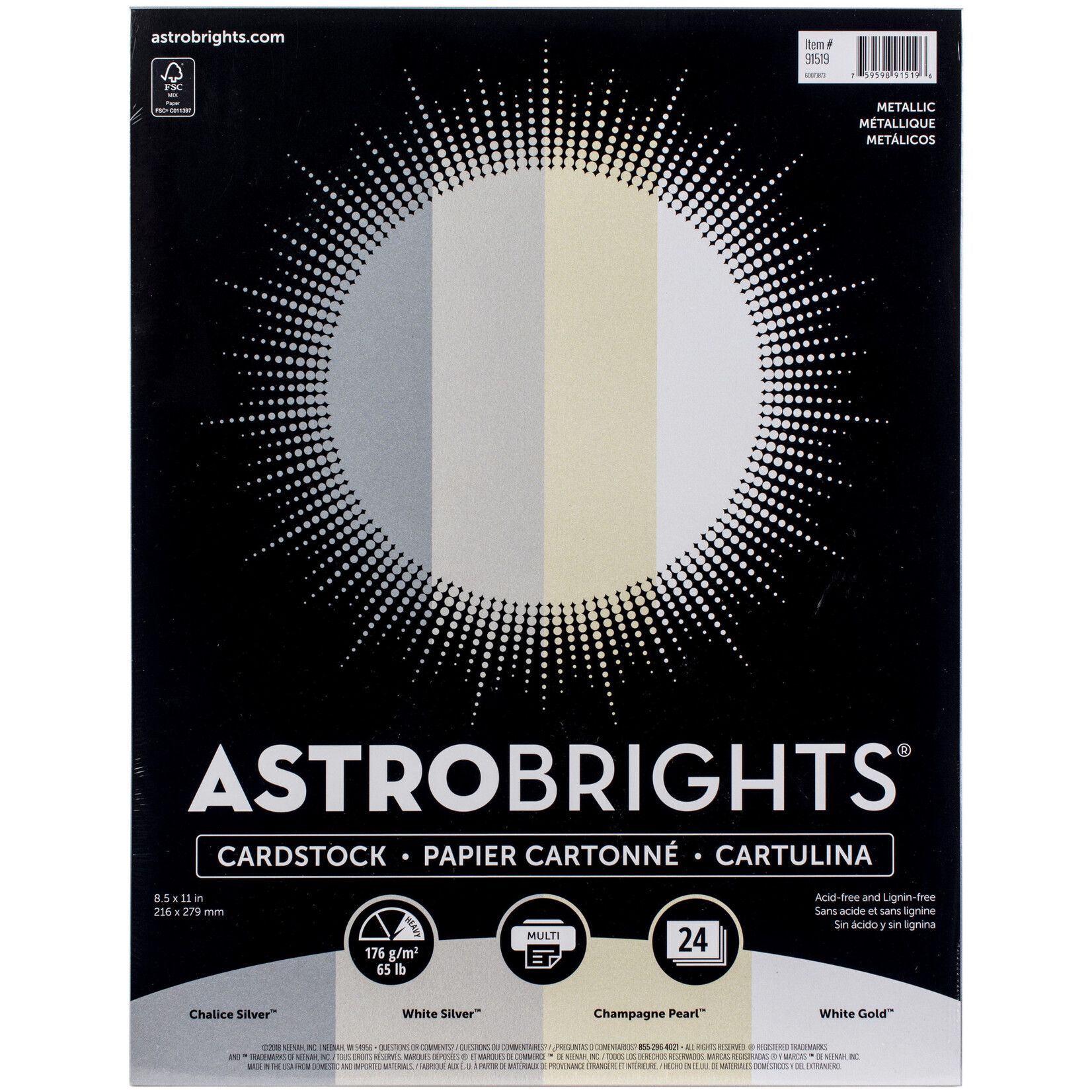 Neenah Neenah Metallic Cardstock 8.5"X11" 24/Pkg-Astrobrights, 4 Colors/6 Each