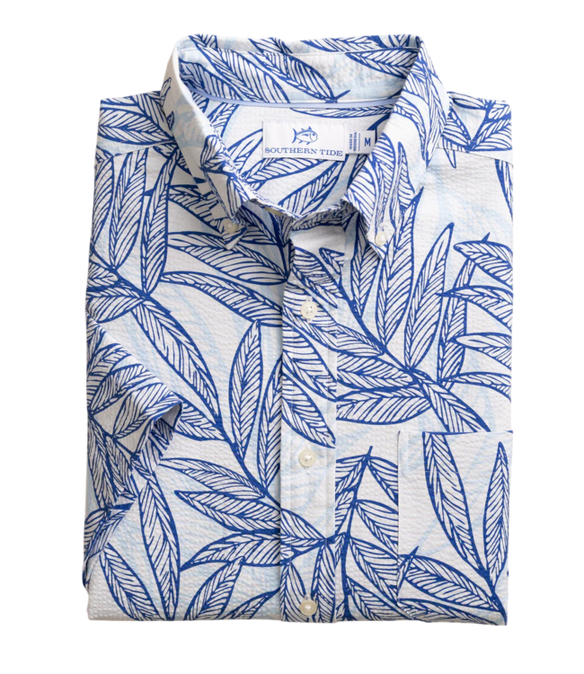 Southern Tide SS Blue Palms Seersucker Sportshirt
