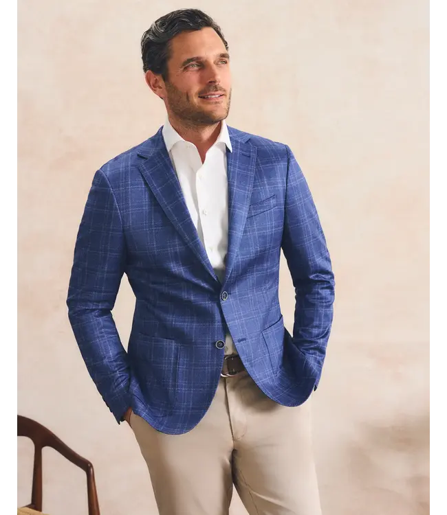 Donington Plaid Printed Knit Stretch Sport Coat - Lapis