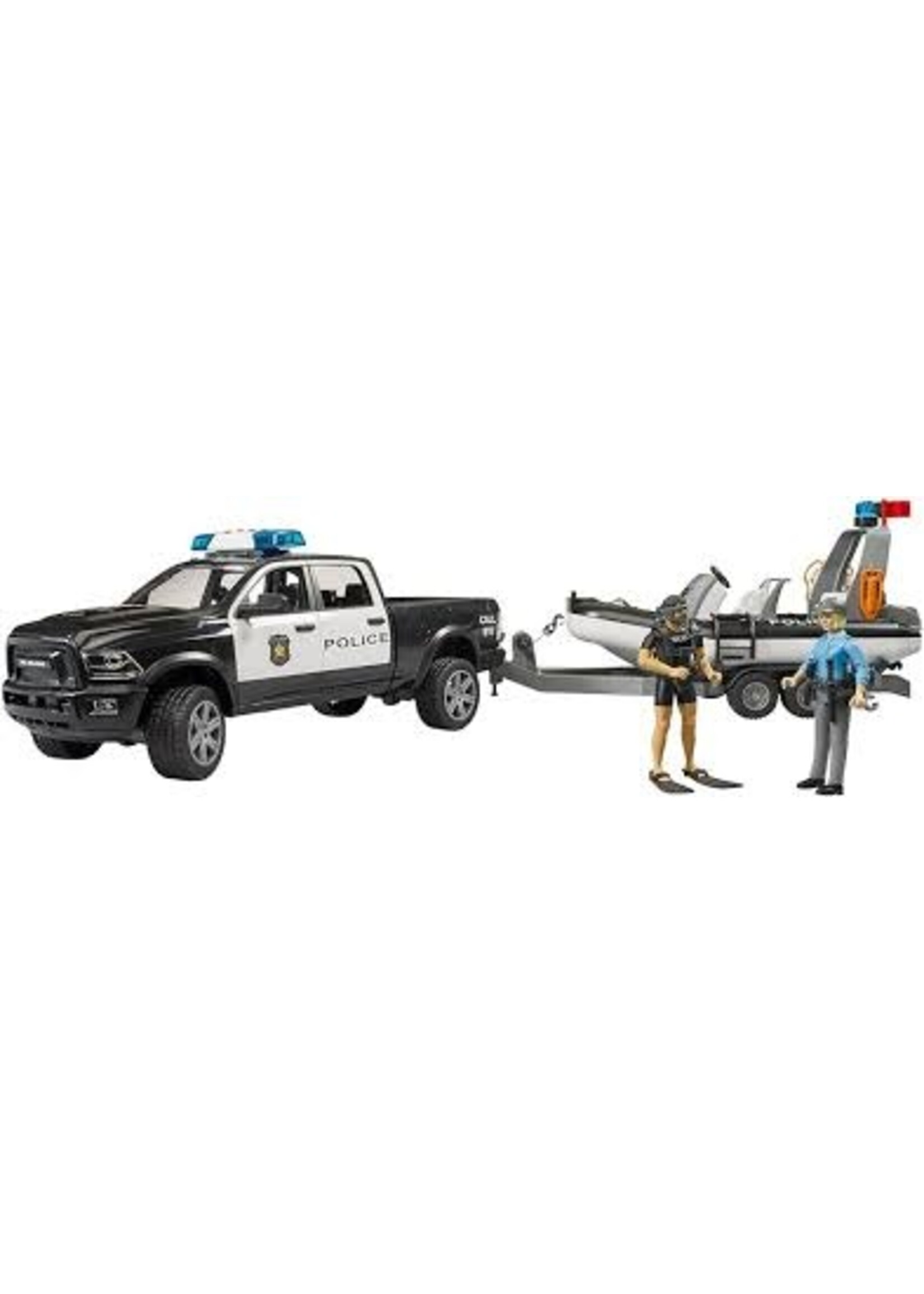 BRUDER RAM 2500 POLICE W/ L+S TRAILER, BOAT, AND 2 FIGURES