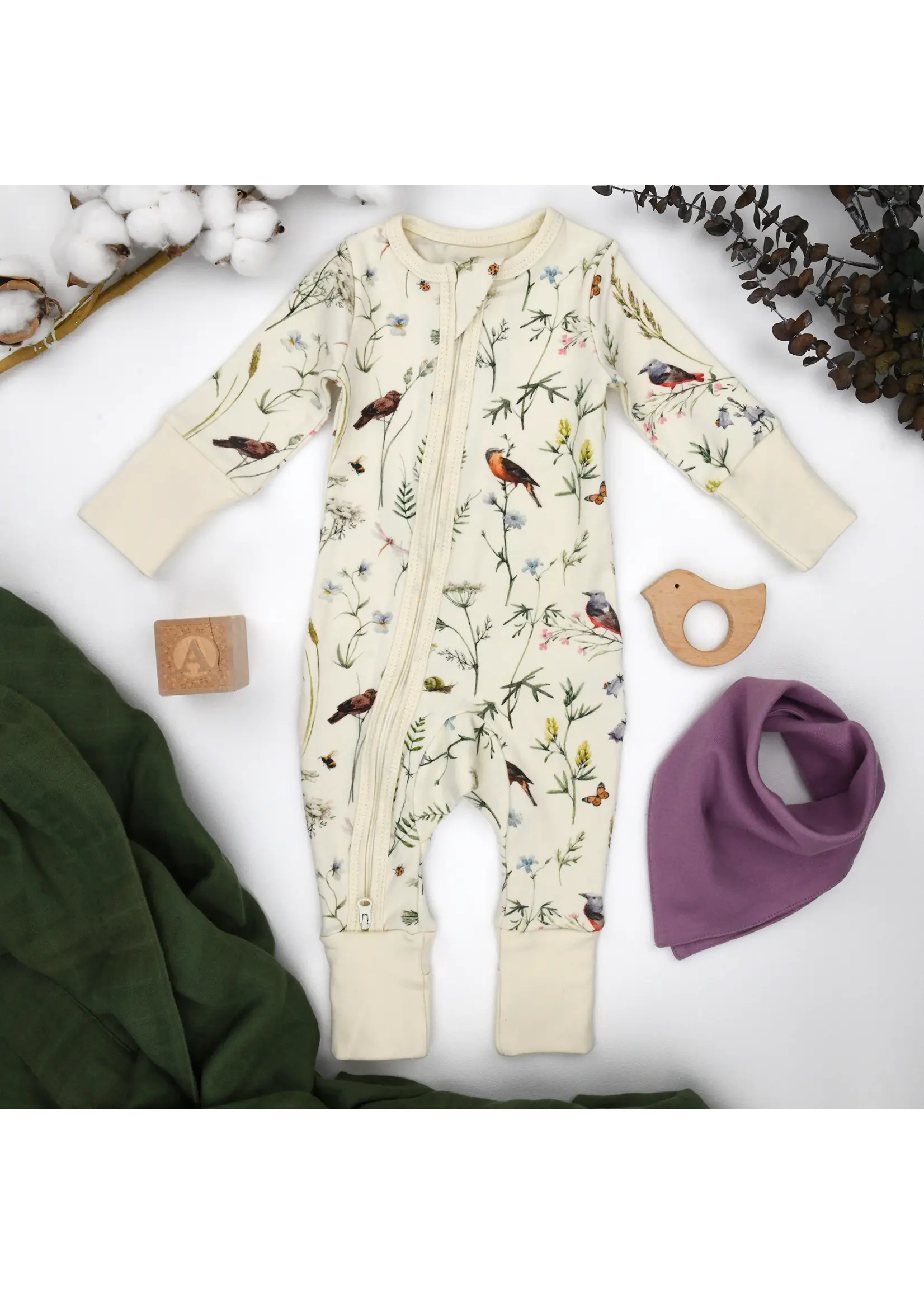 EARTHY BABY PAJAMAS 2-WAY ZIP FINCH  0-3M