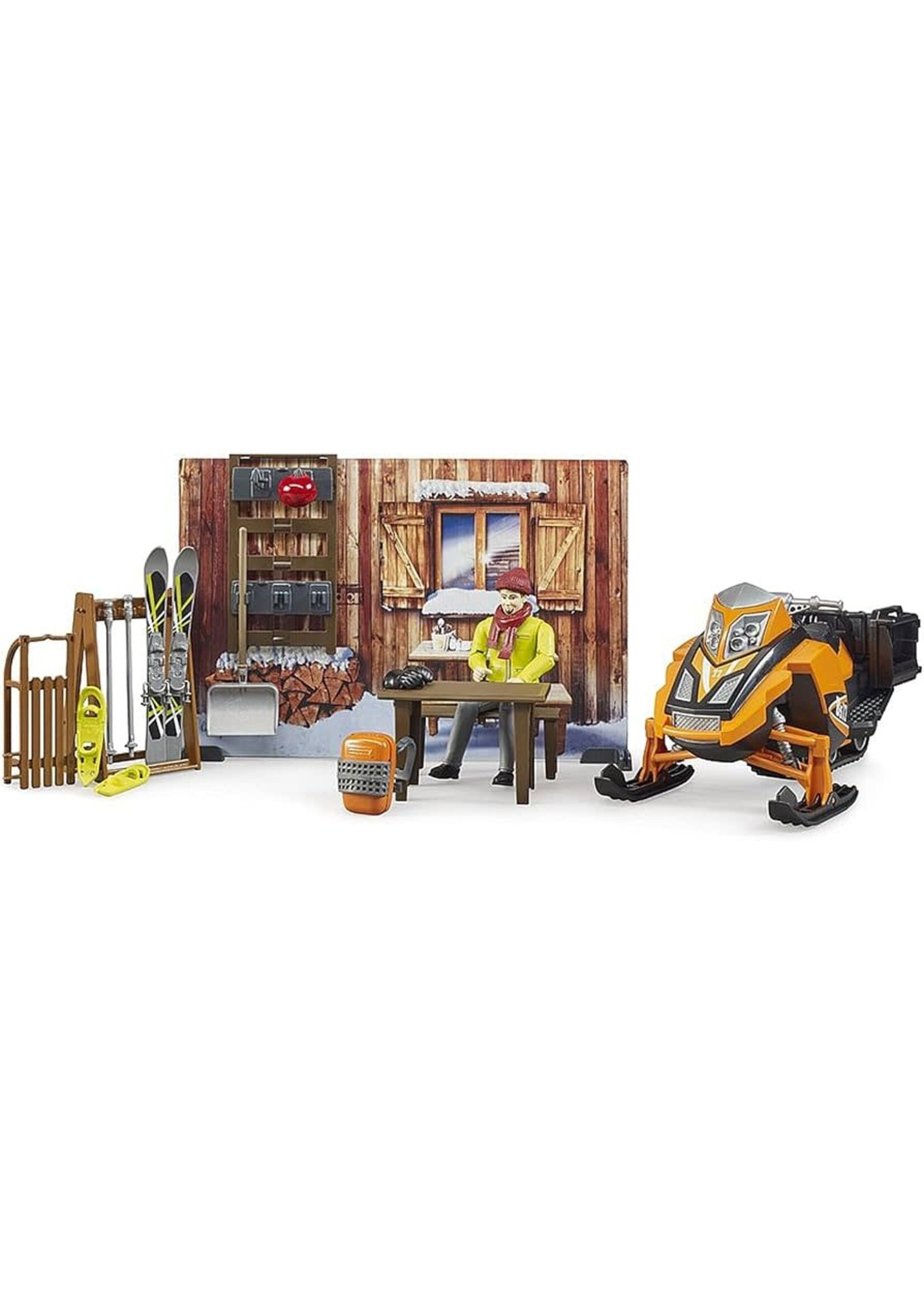 BRUDER BWORLD MOUNTAIN HUT W/ SNOWMOBIL AND FIGURE