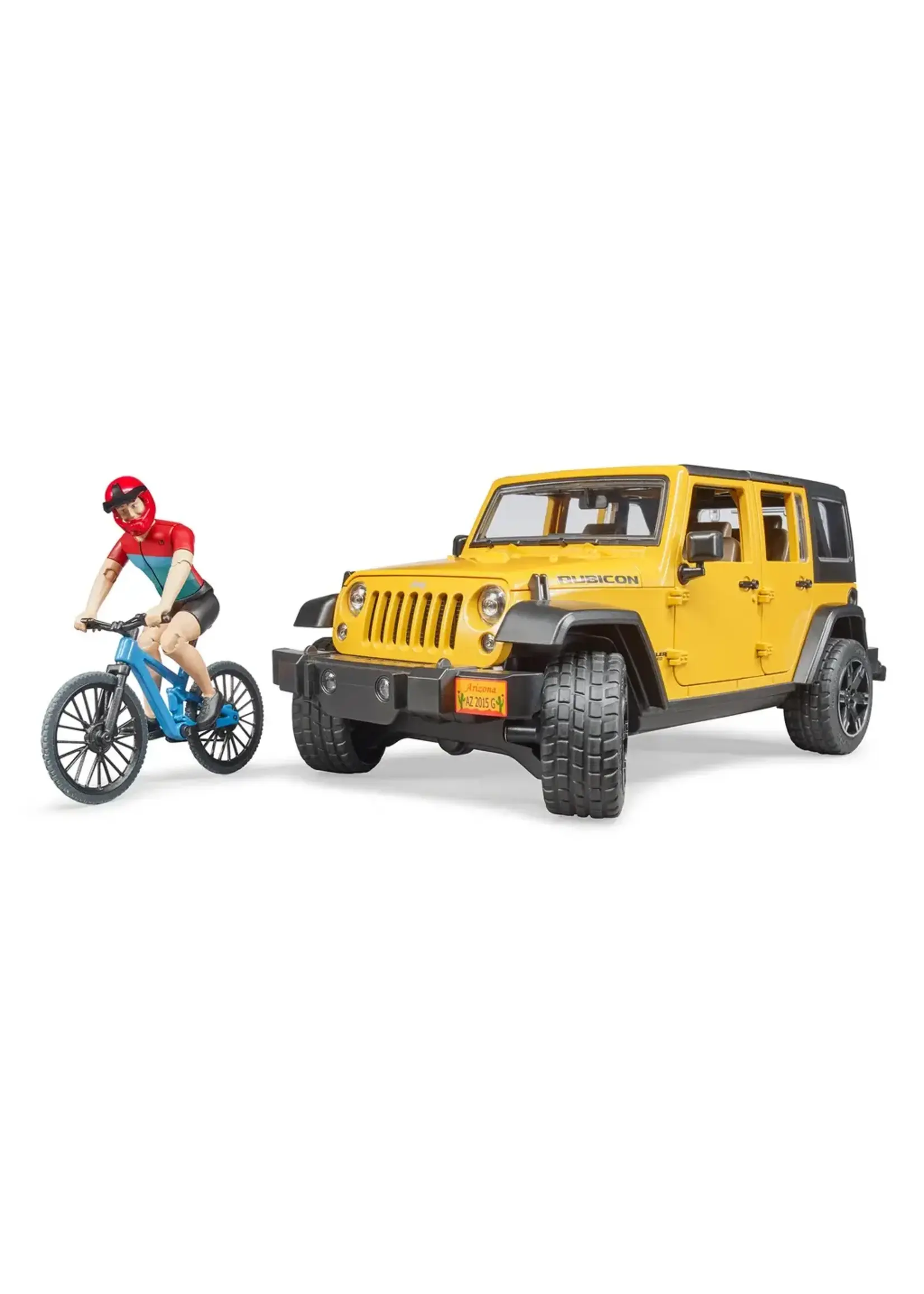 BRUDER JEEP WRANGLER RUBICON W/ MOUNTAIN BIKE AND FIGURE