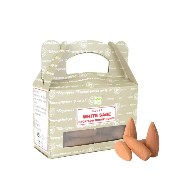 White Sage Backflow Reverse Flow Incense (Dhoop) Cones - 24 Cones/Box Satya