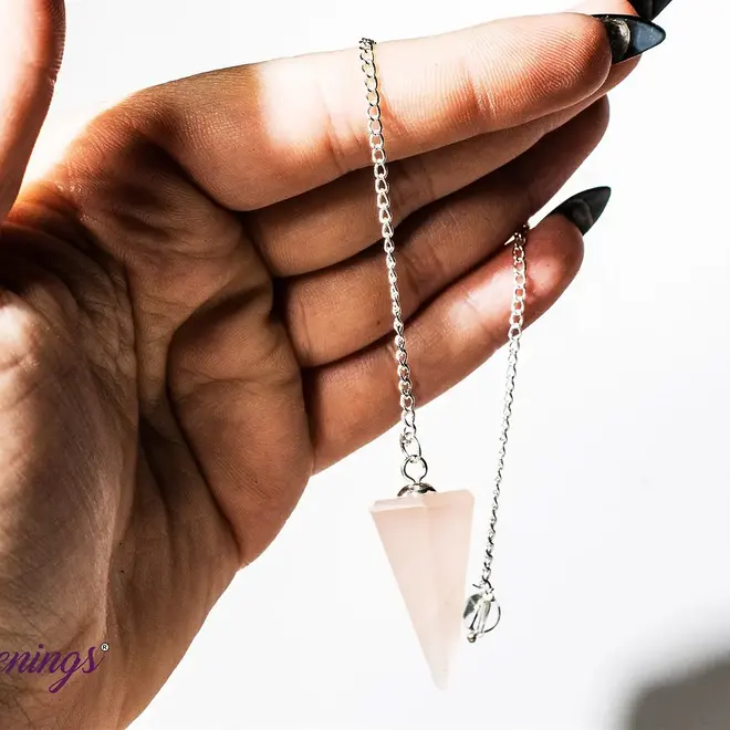 Rose Quartz Pendulum-Dowsing Hexagonal Faceted Cone Point Divination-Silver Chain-Crystal Gemstone