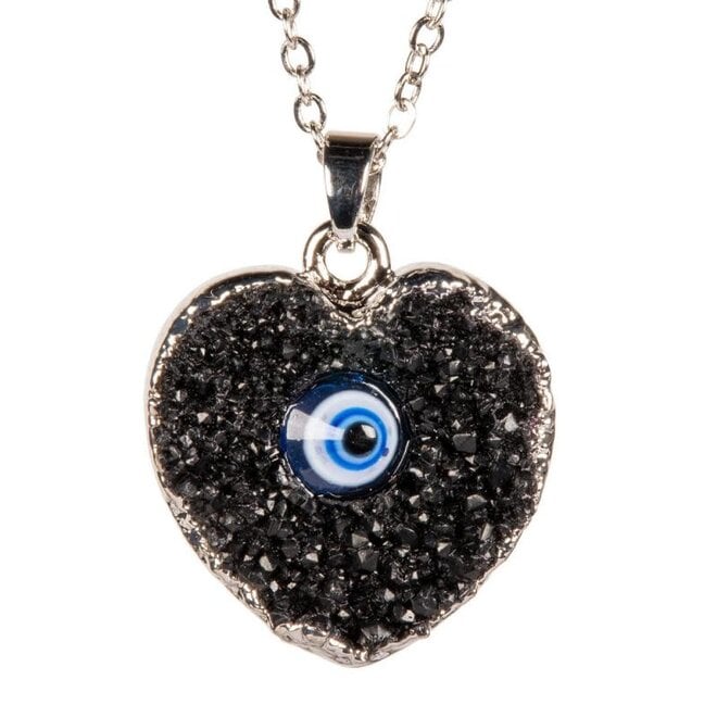 Black Druzy Evil Eye Necklace - Silver Plated Chain