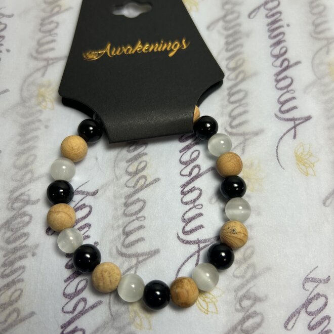 Cleansing Bracelet Black Tourmaline, Selenite, & Palo Santo- 8mm